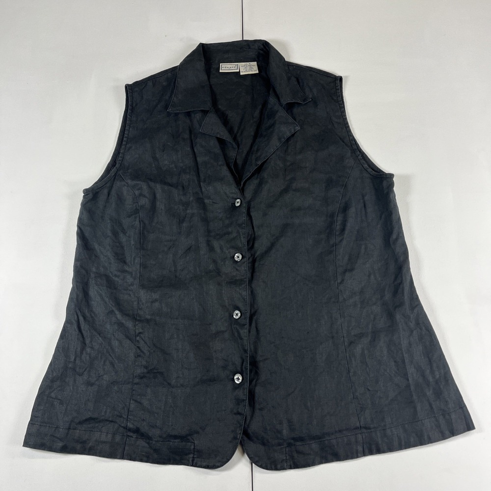 Vintage Edward 100% Linen Sleeveless Button Front Blouse Shirt Black Women's XL